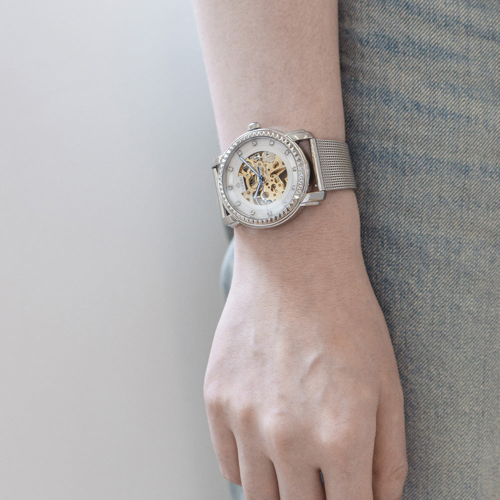 Silver skeleton automatic watches for men