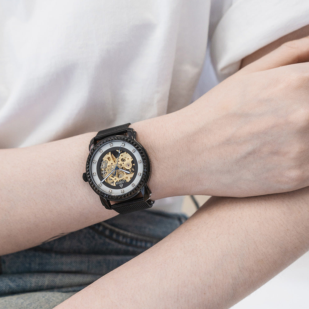 Black skeleton automatic watches for men