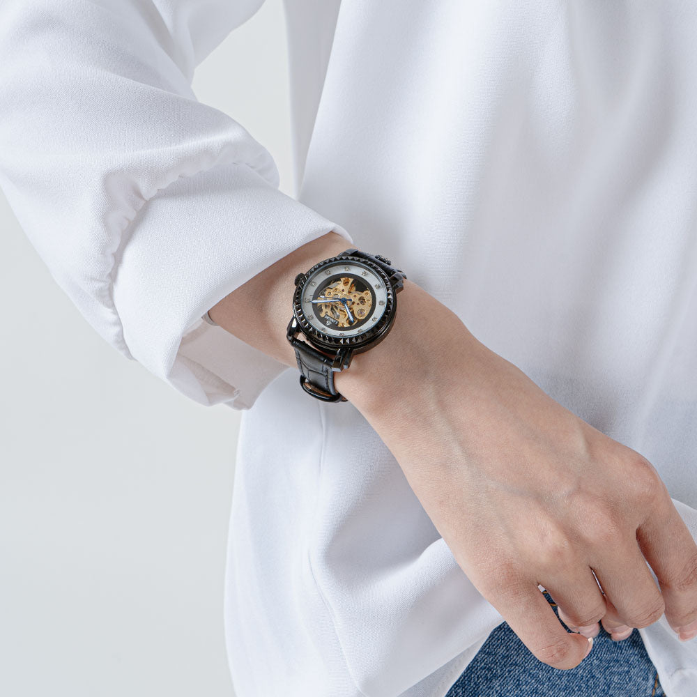 Black skeleton automatic watches for women