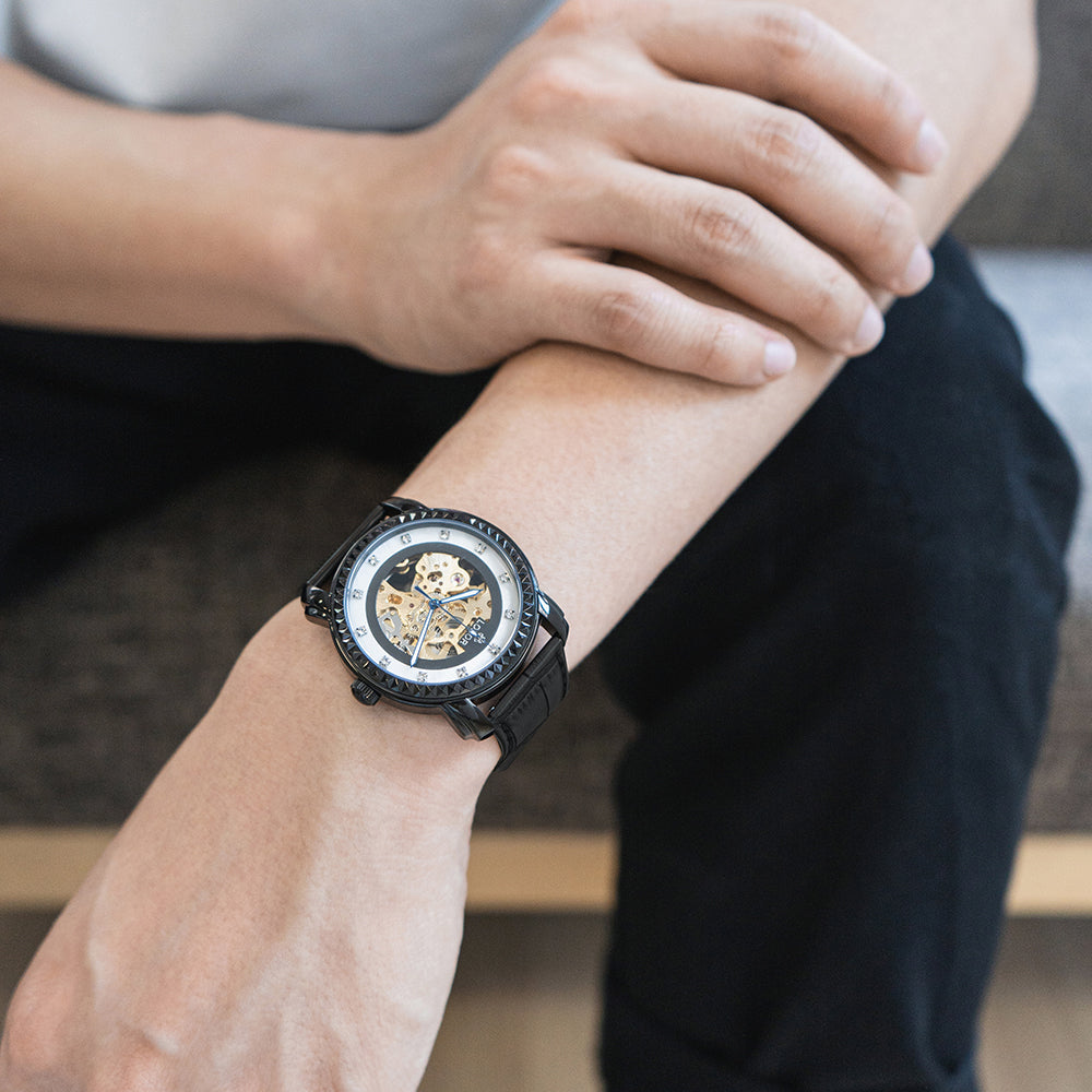 Black skeleton automatic watches for men