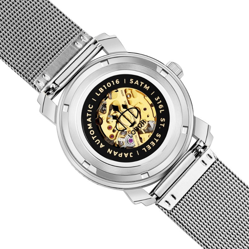 Silver skeleton automatic watches for men