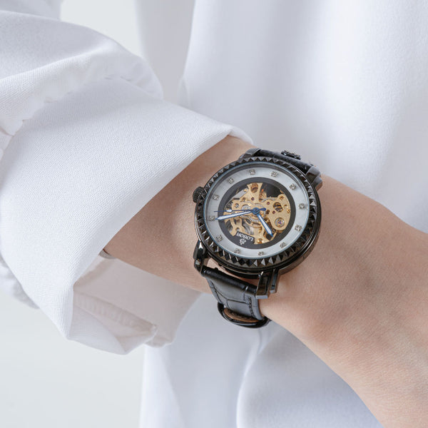 Black skeleton automatic watches for women 