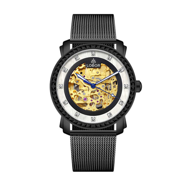 Black skeleton automatic watches for men 