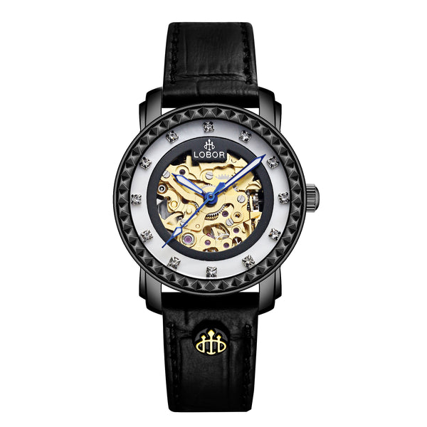 Black skeleton automatic watches for women 